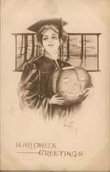 Woman in Cap and Gown Holding Jack-o-Lantern Postcard