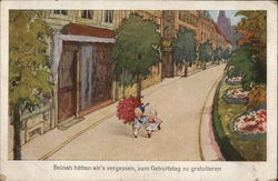 Two Small Children Running Down Street with Large Red Bouquet Two Small Children Running Down Street with Large Red Bouquet