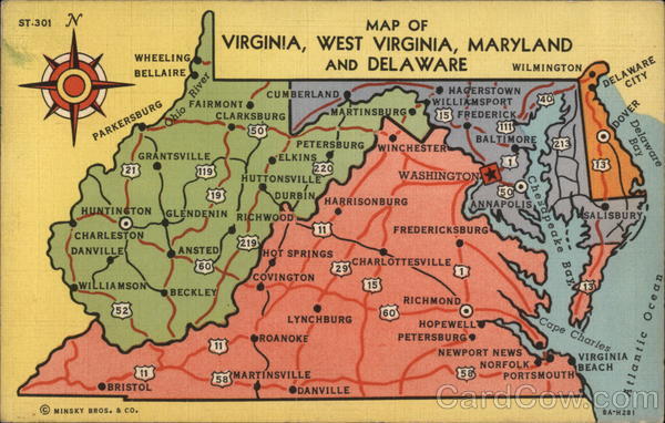 Map of Virginia, West Virginia, Maryland and Delaware