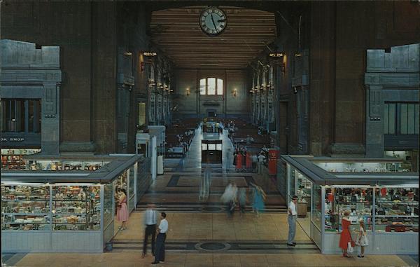 Union Depot showing large expanse of Waiting Room and new Fred Harvey Shops. Kansas City Missouri