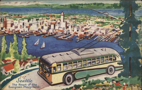 Panorama of City, Bus in Foreground Seattle Washington