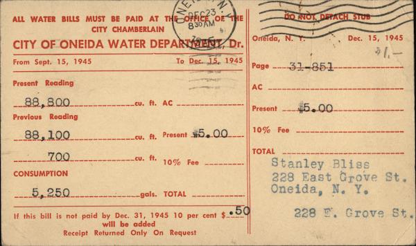 City of Oneida Water Department Bill New York