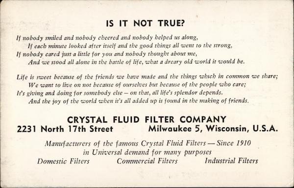 Crystal Fluid Filter Company Milwaukee Wisconsin Advertising