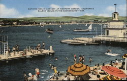 Bathing Beach and Bay, Newport Harbor - Balboa Island in background Newport Beach, CA Postcard Postcard Postcard