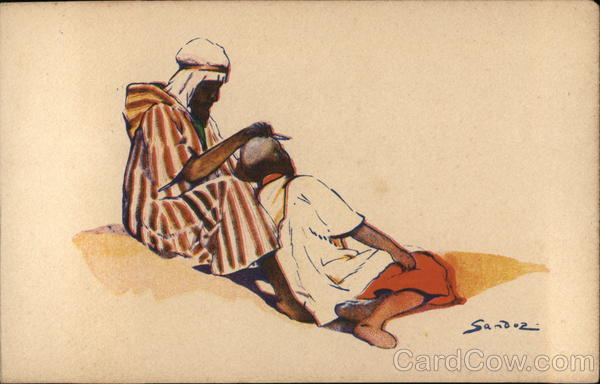 Illustration of North African Men Cutting Hair Sandoz