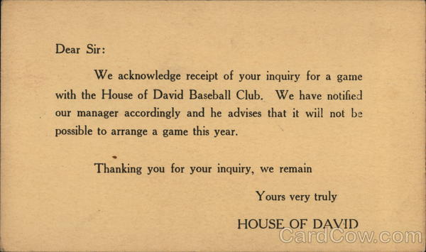 Correspondence Card from House of David Thanking for Inquiry