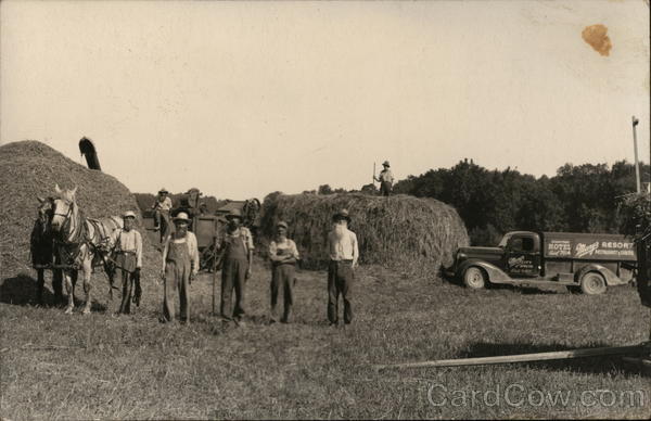 Men Standing in Hayfield with Horses, Truck Farming