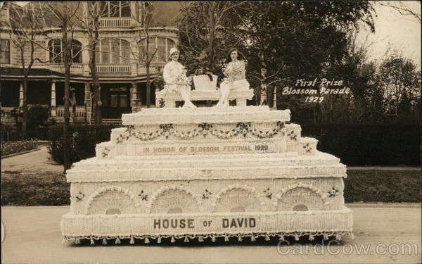 First Prize Blossom Parade Float 1929 with Man and Woman Seated on Top Benton Harbor Michigan