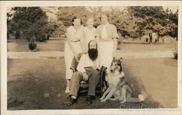 Bearded Man Seated Near Collie and 3 Women Outdoors Benton Harbor Michigan