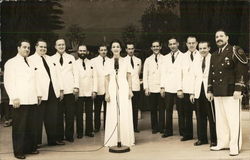 Musicians with White Jackets Line up Behind Woman in White Dress Postcard