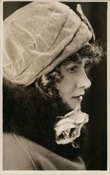 Closeup Profile Young Woman with Hat, Fur Collar, Flower Postcard