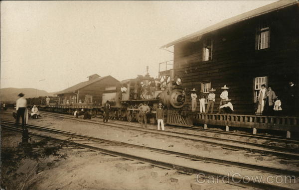 Men and Women near a Freight Locomotive and Depot Depots