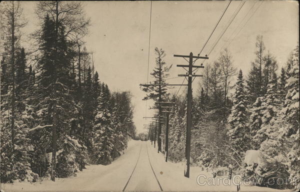 Railway Visible With Snow-Covered Pine Trees on Either Side Houghton Michigan