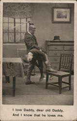 Man with Boy Over Knee, Arm Raised Holding Stick Spanking Postcard Postcard Postcard