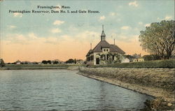 Framingham Reservoir, Dam No.1 and Gate House Massachusetts Postcard Postcard Postcard