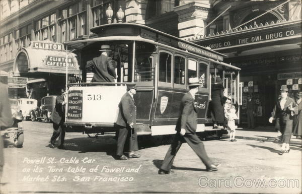 Powell St. Cable Car on its Turn-Table at Powell and Market Sts. San Francisco California