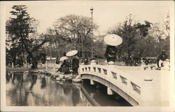 Women Wearing Kimonos Carrying Parasols at Scenic Bridge Near Trees Japan Postcard Postcard Postcard