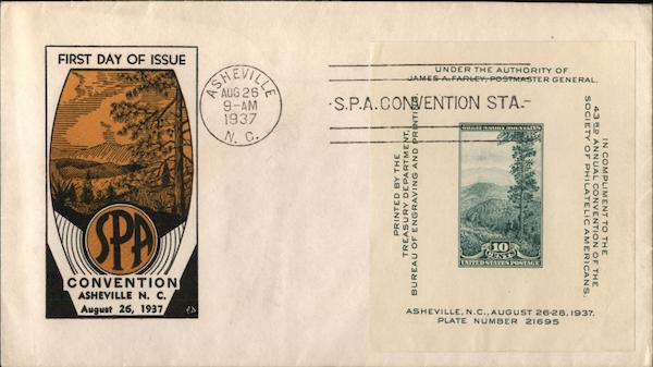 SPA Convention Asheville N.C. August 26, 1937 First Day Covers