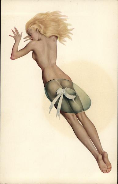 Varga Girl Nude Woman Lying Face Down with Transparent Hat Over Buttocks