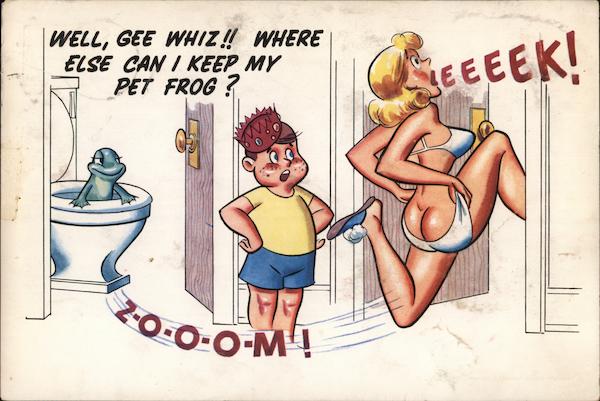Woman Running From Frog in Toilet Comic, Funny