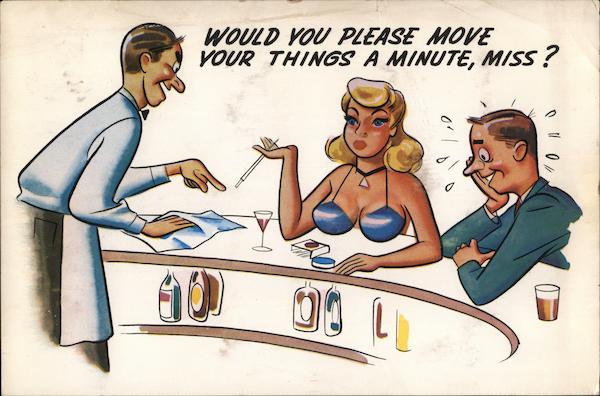 Barman Asking Woman to Move her Chest Off Bar Cartoon