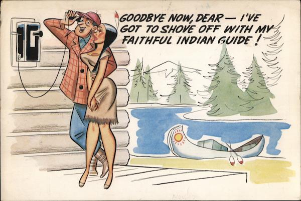 Sportsman Calling On Phone w/Arm Around Indian Maiden