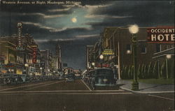 Western Avenue, at night, Muskegon Michigan Postcard