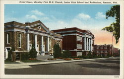 Broad Street, Showing First M.E. Church, Junior High School and Auditorium Postcard