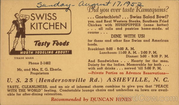 Swiss Kitchen Advertising Card Asheville North Carolina