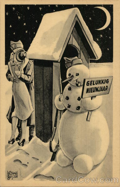 Couple Kissing Behind Guard Shack Snowmen