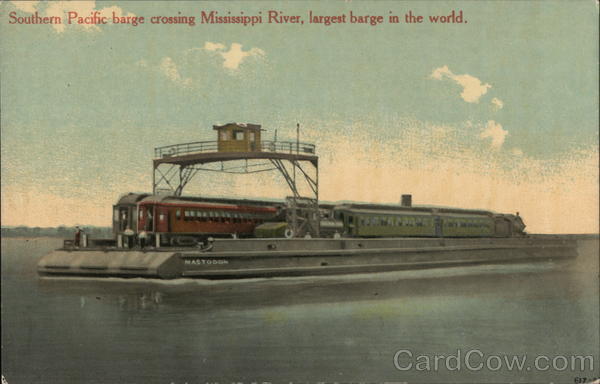 Southern Pacific barge crossing Mississippi River, largest barge in the world.