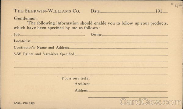 Sherman Williams Correspondence Card Advertising