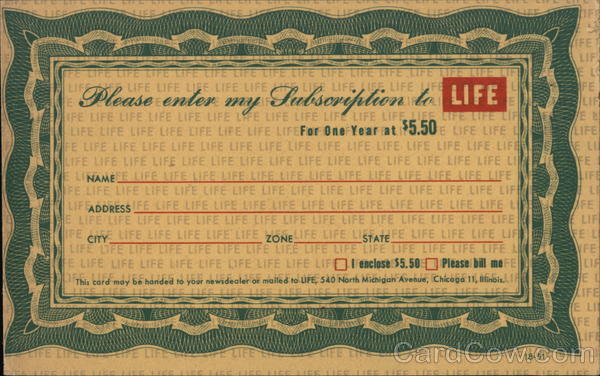 Subscription Card for Life Magazine Advertising