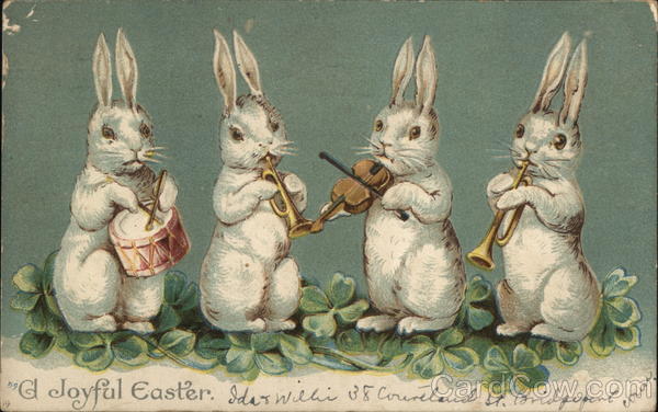 Four Bunnies Playing Instruments With Bunnies