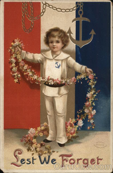 Boy Holding Flower Strand Near Chain and Anchor Ellen Clapsaddle
