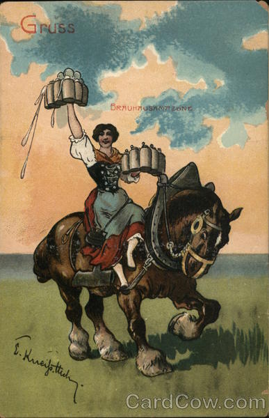 German Maid Serving Beer on Draft Horse Women