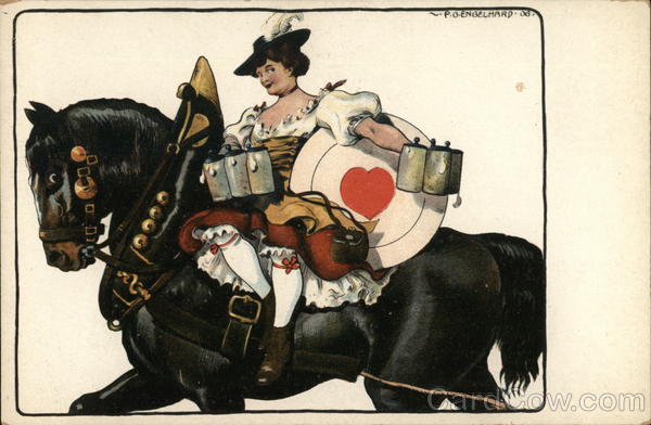 Woman Riding Horse Carrying Steins of Beer Women