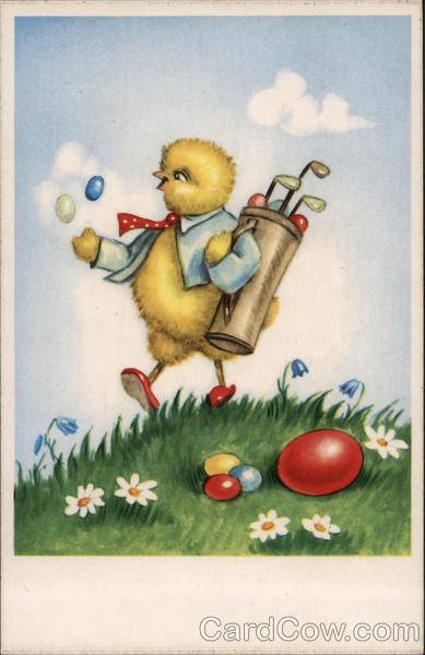 Chick Playing Golf with Easter Eggs