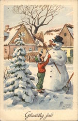 Child Placing Broom in Snowman's Hand Postcard