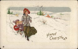 Woman Pulling Children on Sled Postcard