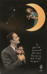 Man Wooing Woman on Moon Postcard