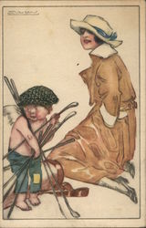 Cupid Caddy and Woman Golfer Women Postcard Postcard Postcard