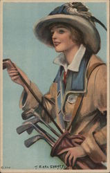 Woman with Golf Bag and Clubs Women Postcard Postcard