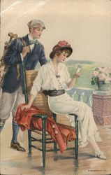 Couple Resting after Round of Golf Women Postcard Postcard Postcard
