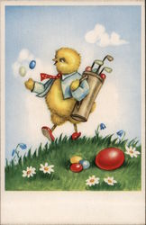 Chick Playing Golf with Easter Eggs Chick Playing Golf with Easter Eggs