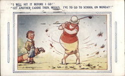 Woman Swinging Golf Club with Young Caddie Women Postcard Postcard Postcard