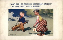 Golfer Wearing Red & White Checkered Pants with Caddy Postcard