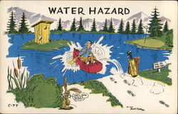 Man Rowing Boat to Outhouse in Water Hazard Golf Postcard Postcard Postcard