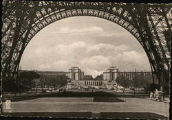 Gardens and Palace of Chaillot viewed through Eiffel Tower Postcard