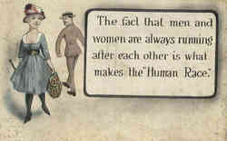 The fact that men and women are always running after each other is what makes the "Human Race" Romance & Love Postcard Postcard